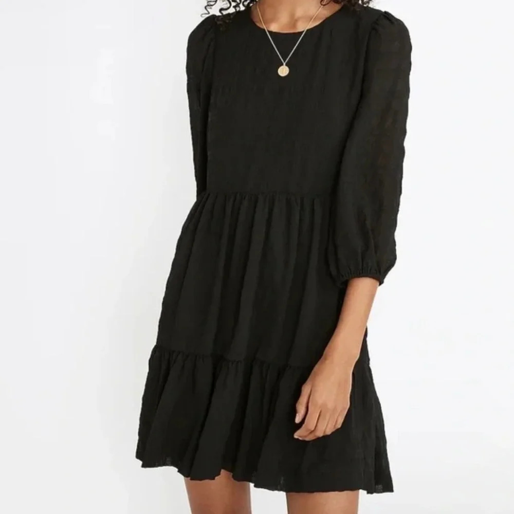 Madewell Puff-Sleeve Ruffle-Hem Black Sheer Mini Dress Size 14